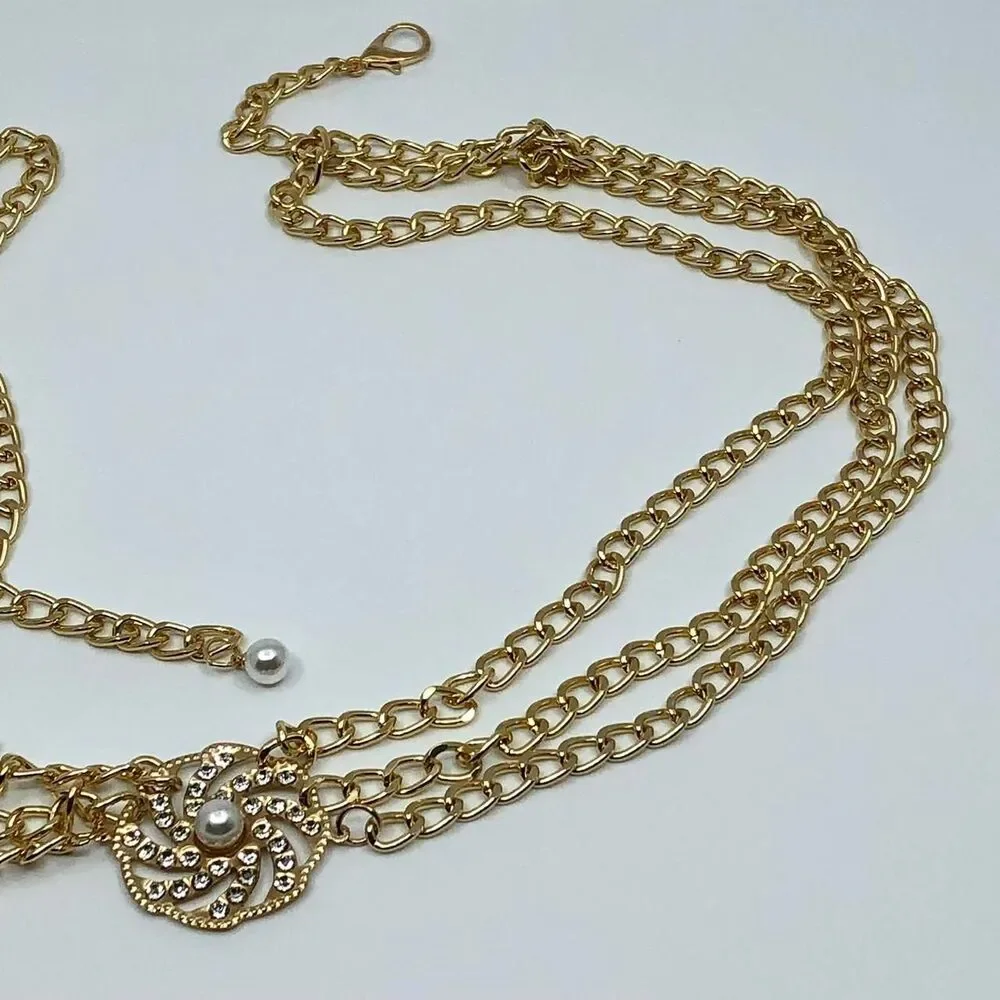 Coquette Gold Rhinestone Pearl Draped Chain Belt, Fits 28–41 Inches, X7GA1186